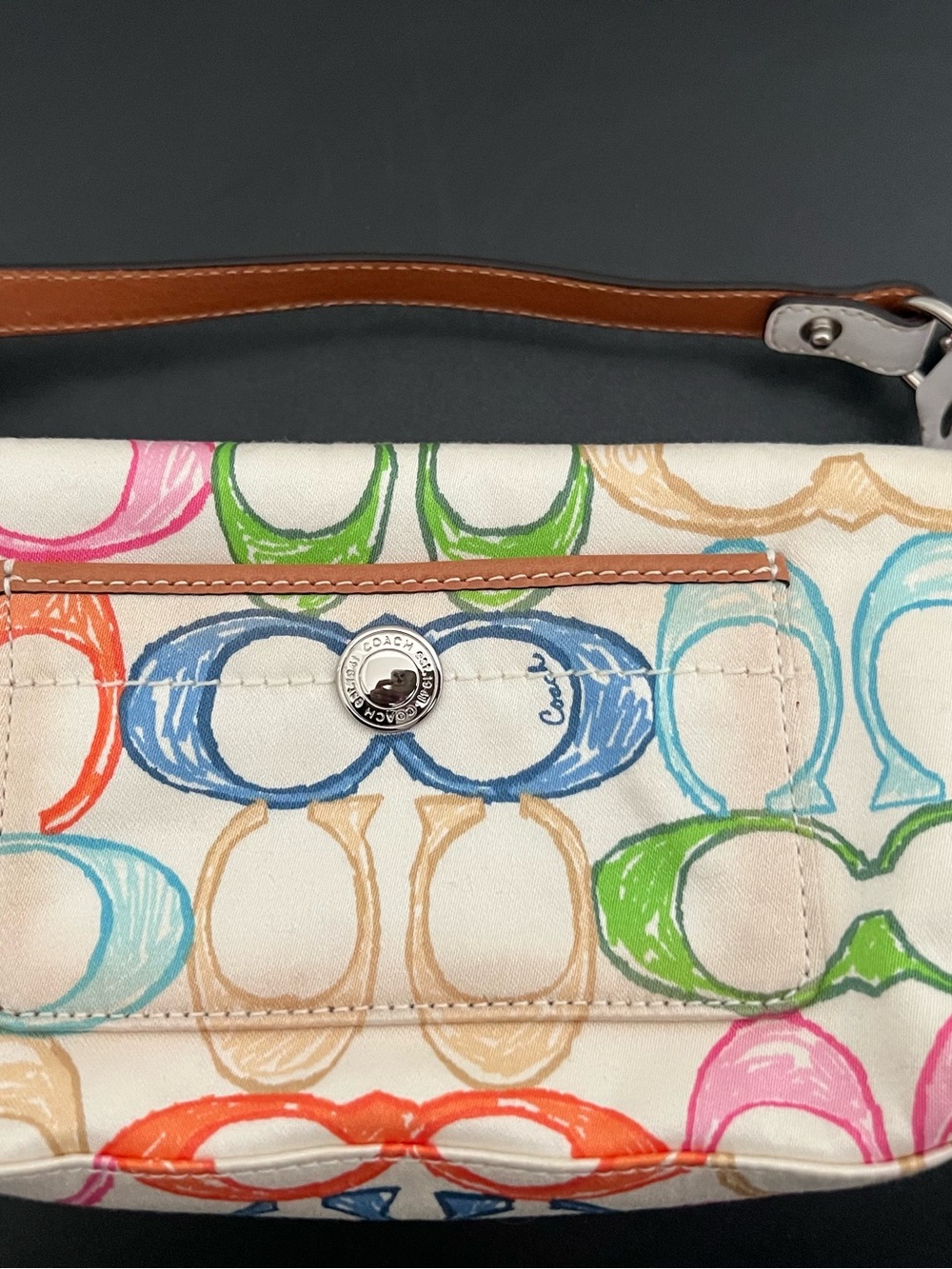 Coach Multicolor Scribble Signature Canvas Bag Tan Leather Strap. 3 in 1 wear.